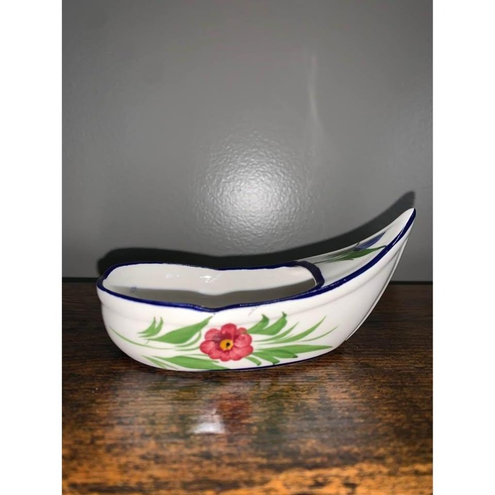 Vintage French Breton Porcelain Boat Decor Hand Painted Blue‎ Floral 1950s